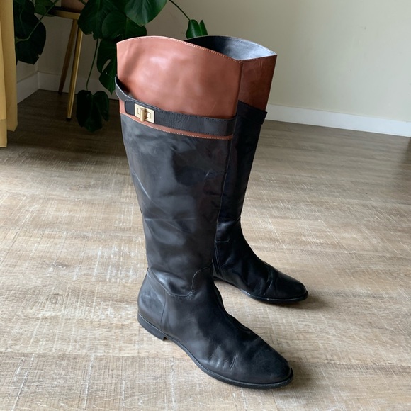 Cole Haan NikeAir Tall Knee High Riding Black Brown Leather Boots Women’s 9B - Picture 2 of 16